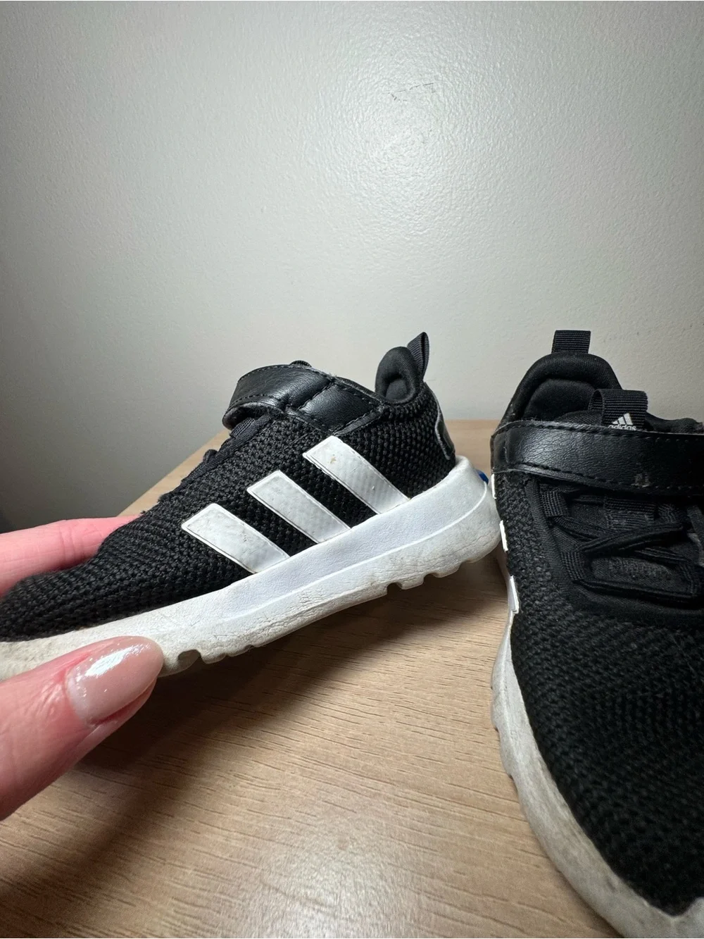 adidas Toddler  Black and White Hook-and-Loop Sneakers with Blue Accent